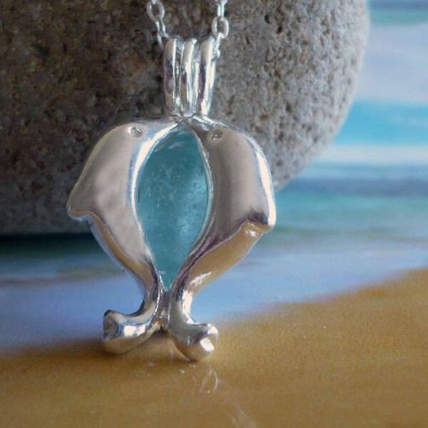 Aqua Sea Glass Dolphin Locket Necklace - Sterling Silver chain - Seaglass Locket Pendant Necklace - Beach Jewelry -Double Dolphin - Locket
