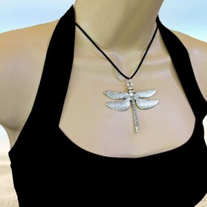 INTRIGUE Large Dragonfly Necklace, Antiqued Silver, Summer Jewelry, Flying Bug, Nature Jewelry, Black Cord, Insect, XL Wings, Personalized image 5