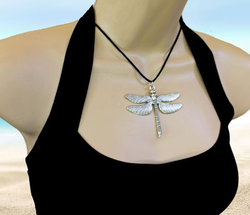 INTRIGUE Large Dragonfly Necklace, Antiqued Silver, Summer Jewelry, Flying Bug, Nature Jewelry, Black Cord, Insect, XL Wings, Personalized image 5