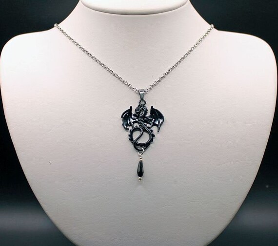 Seasmoke Black Dragon Necklace Black Crystal Dangle Faceted Crystal Black or Silver Chain fantasy Cosplay Mythical Romance