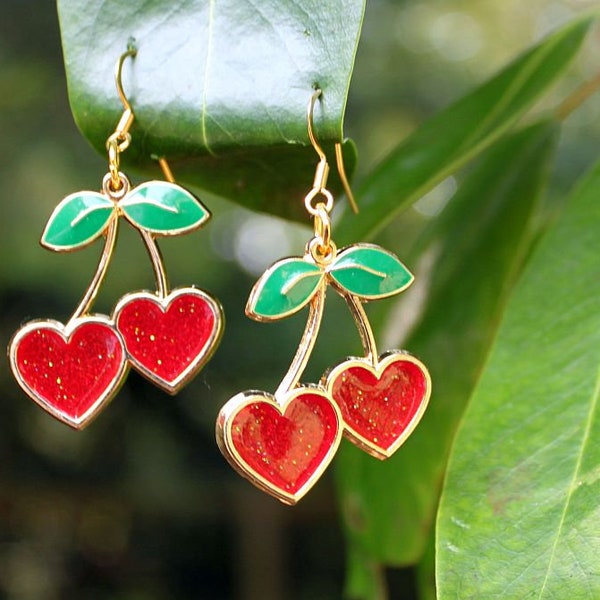 WILD CHERRY Earrings - Red Resin with Glitter Sparkles, Heart Shape, Gold, Green Leaves, Enamel