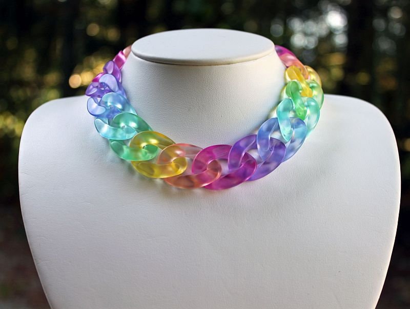 RAINBOW KISSES - 12in Choker, Chunky Cable Chain Choker, Acrylic, Large Links, PASTEL Rainbow, Extension w/ Charm, Statement, Lightweight