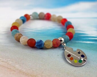 THE ARTIST - Artist Pallet Gemstone Bracelet, Colorful Agate Beads, Painter, Stretchy Cord or Memory Wire, Silver, Personalized, Art Gift