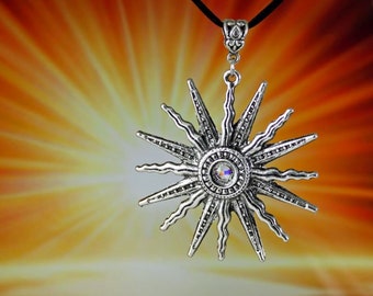 HELIOS - Sun Pendant with Swarovski Crystal, Huge Giant XL, Antiqued Silver, Dazzling Center, Embossed Bail, Black Cord or Chain, Statement