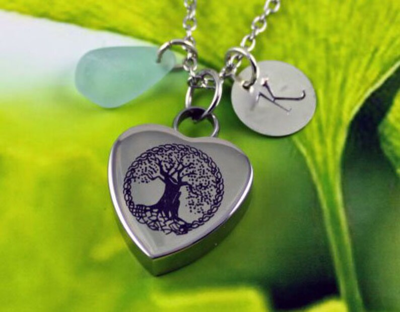 ALTHOUGH-Real Blue Seaglass Cremation Urn Necklace Personalized Initial Charm,Memorial Pendant,Stainless Steel Engraved Heart Tree of Life