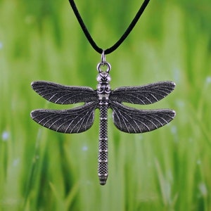 INTRIGUE Large Dragonfly Necklace, Antiqued Silver, Summer Jewelry, Flying Bug, Nature Jewelry, Black Cord, Insect, XL Wings, Personalized image 6