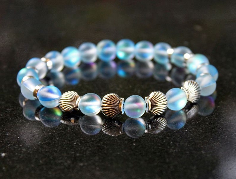 SEA BLUE Mermaid Glass Bracelet, Mystic Aura, Iridescent Shine, Silver Seashells, Stretchy Cord, Holographic Beads, Moonstone Glow image 7