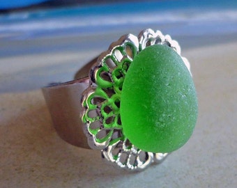 MARAKATA - Emerald Green Genuine Sea Glass Ring, Filigree Seaglass Ring, Silver Filigree Ring, Beach Jewelry, Floral, Nautical, Adjustable