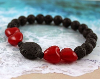 KISS of PELE - Black Lava and Red Hearts Bracelet, Natural Lava Stone Beads, Handmade Silver Foil Glass Hearts, Aromatherapy Bracelet