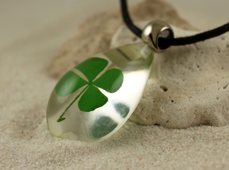 PURE LUCK Real 4 Leaf Clover Necklace, Shamrock, Large or Small Teardrop, St Patricks, Irish, Nature, Lucky, Personalized, Leather, Chain image 7