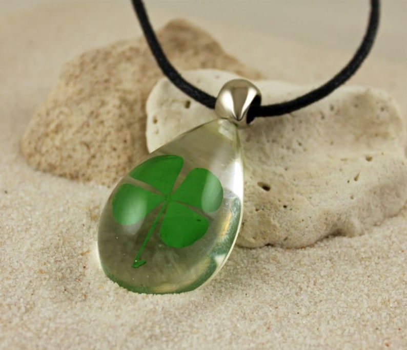 PURE LUCK Real 4 Leaf Clover Necklace, Shamrock, Large or Small Teardrop, St Patricks, Irish, Nature, Lucky, Personalized, Leather, Chain image 6