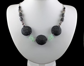 KONA - Real Seaglass and Lava Necklace, Black Lava, Seafoam Seaglass, Lava Coins, Lava Rectangles, Beads, Natural Pearls, Silver, Statement