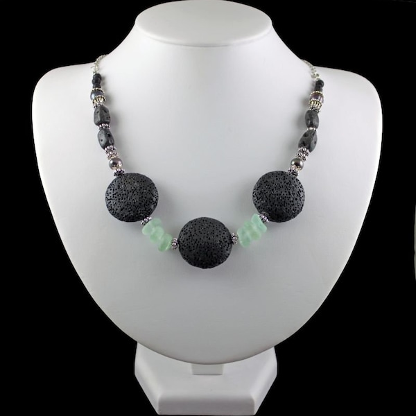 KONA - Real Seaglass and Lava Necklace, Black Lava, Seafoam Seaglass, Lava Coins, Lava Rectangles, Beads, Natural Pearls, Silver, Statement