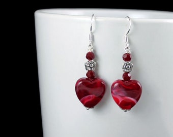 SHADED -  Red Marbled Heart Earrings, Sterling Silver, Silver Flowers, Red Glass Beads, Love, Romance, Gift for Her, Valentines Day