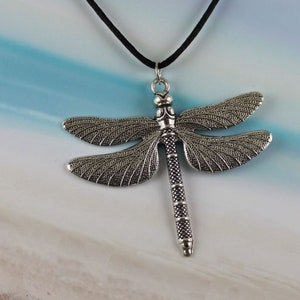 INTRIGUE Large Dragonfly Necklace, Antiqued Silver, Summer Jewelry, Flying Bug, Nature Jewelry, Black Cord, Insect, XL Wings, Personalized image 4