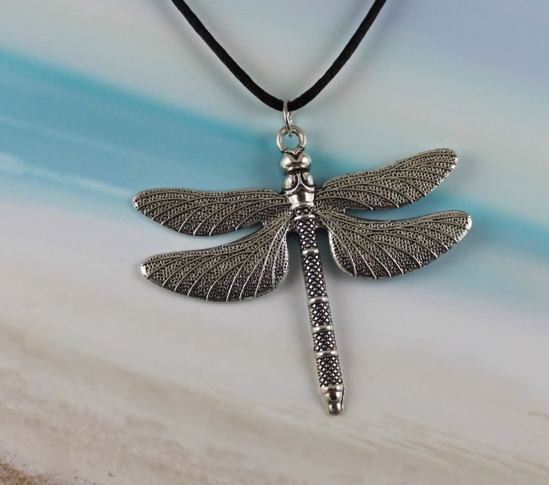 INTRIGUE Large Dragonfly Necklace, Antiqued Silver, Summer Jewelry, Flying Bug, Nature Jewelry, Black Cord, Insect, XL Wings, Personalized image 4