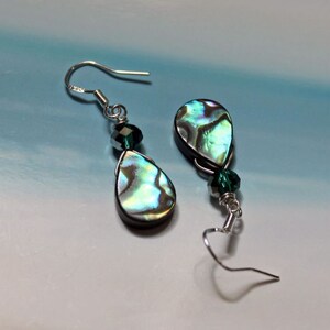 TIDEPOOL Abalone Shell Earrings, Sterling Silver Ear Wires, Blue Green Seashell, Crystal Bead, Paua Shell, Beach Ocean Jewelry, Teardrop image 4