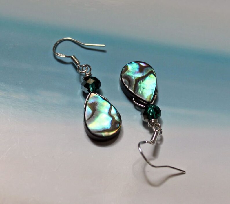 TIDEPOOL Abalone Shell Earrings, Sterling Silver Ear Wires, Blue Green Seashell, Crystal Bead, Paua Shell, Beach Ocean Jewelry, Teardrop image 4