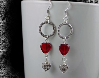 WHISPERS - Conversation Heart Earrings, Red Glass Hearts, Sterling Silver Earwires, Heart Embossed Circles, Kiss Me, Love You,Valentines Day