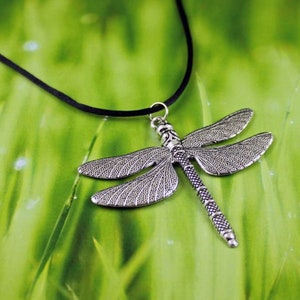 INTRIGUE Large Dragonfly Necklace, Antiqued Silver, Summer Jewelry, Flying Bug, Nature Jewelry, Black Cord, Insect, XL Wings, Personalized image 3