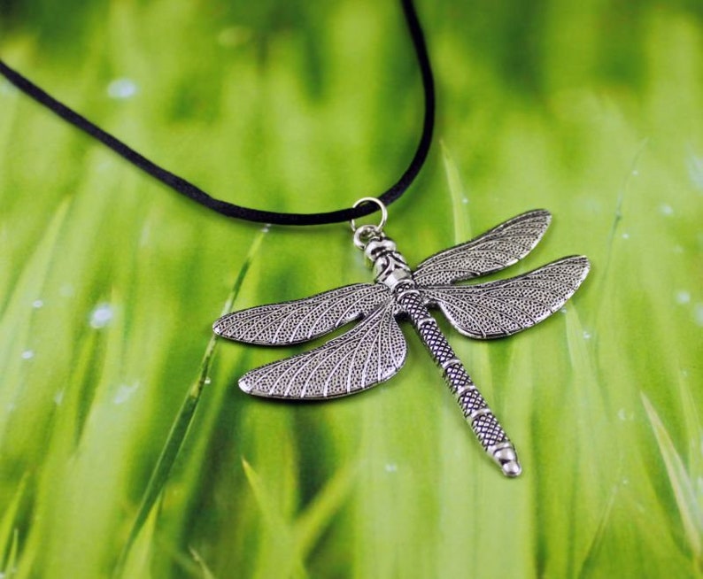 INTRIGUE Large Dragonfly Necklace, Antiqued Silver, Summer Jewelry, Flying Bug, Nature Jewelry, Black Cord, Insect, XL Wings, Personalized image 3