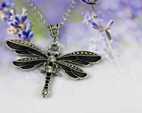 DEEP PURPLE Big Dragonfly Necklace Enamaled Wings | Etsy
