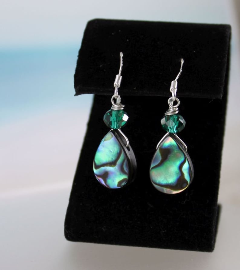 TIDEPOOL Abalone Shell Earrings, Sterling Silver Ear Wires, Blue Green Seashell, Crystal Bead, Paua Shell, Beach Ocean Jewelry, Teardrop image 9