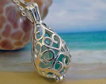 SIREN'S CALL -Sea Glass Filigree Teardrop Locket, Mermaid Tears, Natural Genuine Seaglass Necklace,Personalized Initial, Beach Wedding