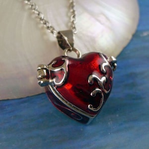 RUBY RED Enamel Heart Locket Necklace, SMALL Seaglass Locket, Prayer Box, Wish Box, Personalized, Silver Scroll, Pill Box, Stash Box, Petite