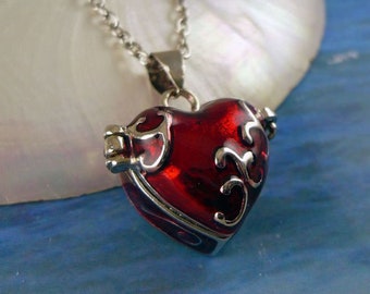 RUBY RED Enamel Heart Locket Necklace, SMALL Seaglass Locket, Prayer Box, Wish Box, Personalized, Silver Scroll, Pill Box, Stash Box, Petite