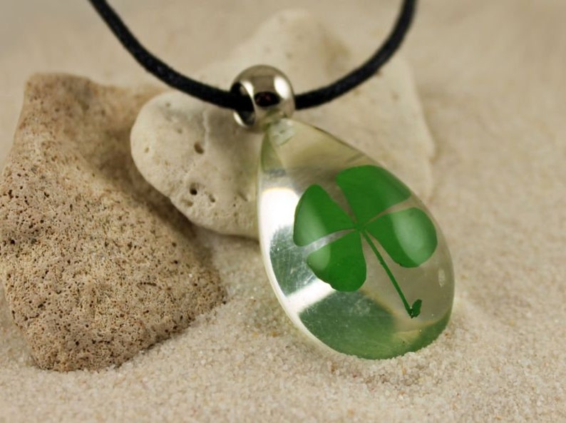 PURE LUCK Real 4 Leaf Clover Necklace, Shamrock, Large or Small Teardrop, St Patricks, Irish, Nature, Lucky, Personalized, Leather, Chain image 5