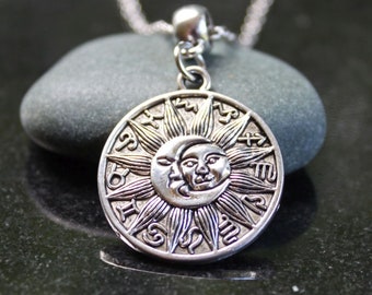 SUN SIGNS - Zodiac Necklace, Sun, Crescent Moon, Celestial Necklace, Astrology, Horoscope, Black Leather, Silver Chain, Mens Jewelry, Unisex