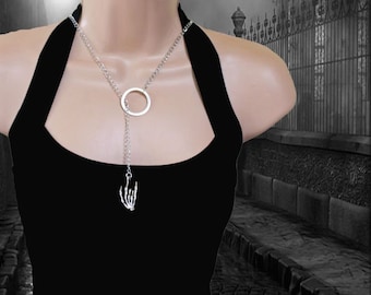 ON the OTHER HAND - Creepy Hand Lariat Necklace, Silver Circle, Skeleton Hand, Finger Bones, Gothic, Halloween, Zombie, Punk, Long Chain
