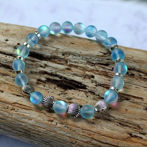 SEA BLUE Mermaid Glass Bracelet, Mystic Aura, Iridescent Shine, Silver Seashells, Stretchy Cord, Holographic Beads, Moonstone Glow image 10