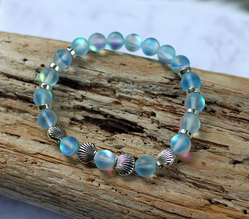 SEA BLUE Mermaid Glass Bracelet, Mystic Aura, Iridescent Shine, Silver Seashells, Stretchy Cord, Holographic Beads, Moonstone Glow image 10