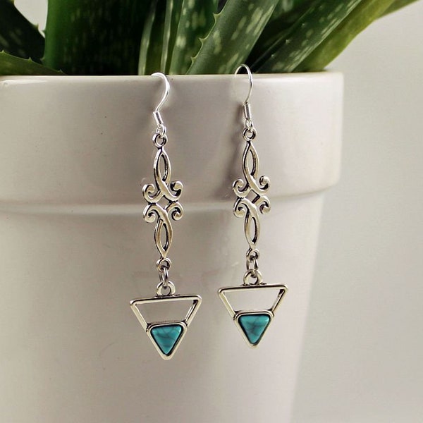 LOZEN - Triangle and Scroll Shapes Earrings, Sterling Silver Earwires, Faux Turquoise Cabochons, Southwest