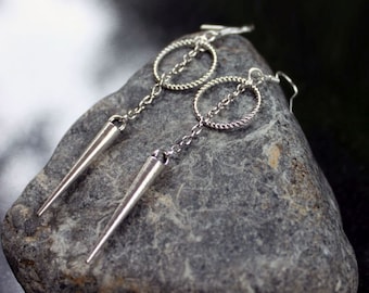 DANGEROUS - Circle Spike and Chain Earrings, Silver Circle, Geometric, Minimalist, Sterling Silver Earwires, Goth, Punk, Witchy, Sansa Stark