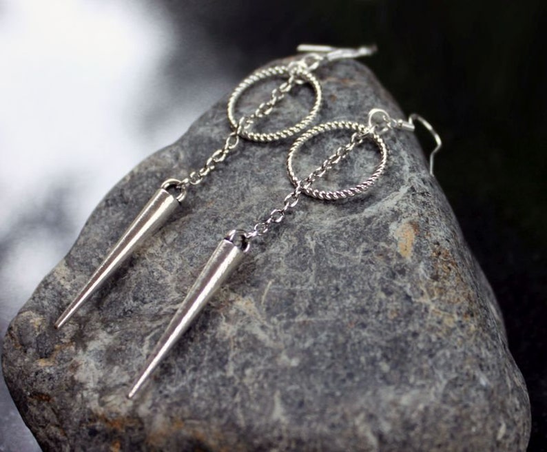 DANGEROUS Circle Spike and Chain Earrings, Silver Circle, Geometric, Minimalist, Sterling Silver Earwires, Goth, Punk, Witchy, Sansa Stark image 1