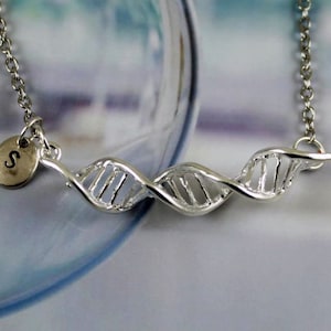 LIFE - Silver DNA Double Helix Necklace, Personalized Initial, Spiral, Science Geek, Biology, Family Heritage, Genetics, Gift for Relative