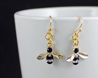 BUZZ - Bee Earrings, Black Enamel, Gold, Petite, Dainty, Rhinestones, Honey Bee, Bumblebee, Nature Jewelry, Bug, Insect, Gift for Her