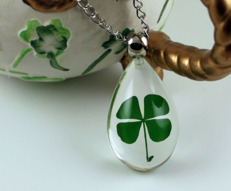 PURE LUCK Real 4 Leaf Clover Necklace, Shamrock, Large or Small Teardrop, St Patricks, Irish, Nature, Lucky, Personalized, Leather, Chain image 4