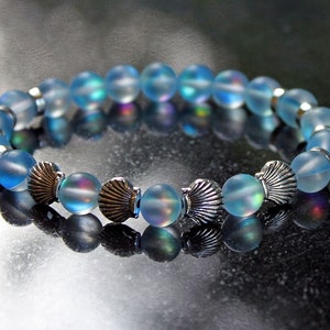 SEA BLUE Mermaid Glass Bracelet, Mystic Aura, Iridescent Shine, Silver Seashells, Stretchy Cord, Holographic Beads, Moonstone Glow image 2
