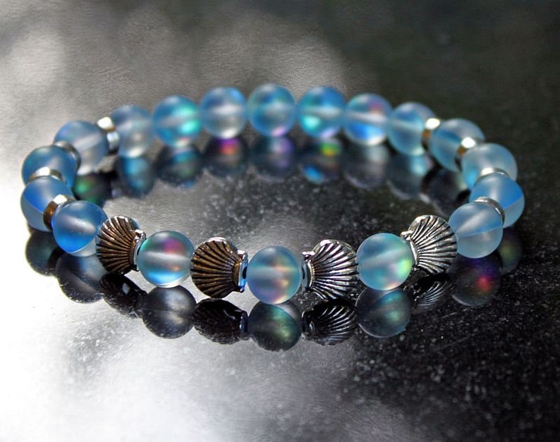 SEA BLUE Mermaid Glass Bracelet, Mystic Aura, Iridescent Shine, Silver Seashells, Stretchy Cord, Holographic Beads, Moonstone Glow image 2
