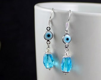 EVIL EYE Earrings - Blue, Faceted Blue Teardrop, Sterling Silver Ear Wires, Wire Wrapped, Good Luck, Lucky Charm, Gift for Her, Enamel