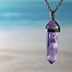 CALM -Amethyst Natural Gemstone Pointed Pendant Necklace, Hexagon, Silver or Gold, Feb Birthstone, Personalized, Chain or Leather, Healing