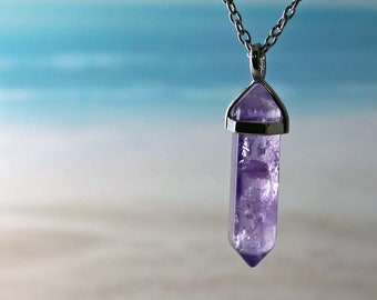 CALM -Amethyst Natural Gemstone Pointed Pendant Necklace, Hexagon, Silver or Gold, Feb Birthstone, Personalized, Chain or Leather, Healing