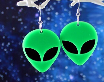 SPACED - Alien Earrings Sterling Silver Earwires, Large, Lightweight, Acrylic, Green and Black Out of this World,