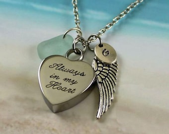 ALTHOUGH - Real Seaglass Cremation Urn Necklace, Stainless Steel Engraved Heart, Angel Wing, Personalized Initial Charm, Memorial Pendant