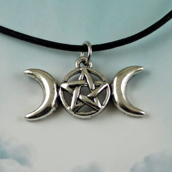 MOON GODDESS - Triple Moon Goddess Necklace, Choker, Crescent Moon, Pentagram, Black Leather or Silver Chain, Pagan, Wicca, Lunar, Star,Gift