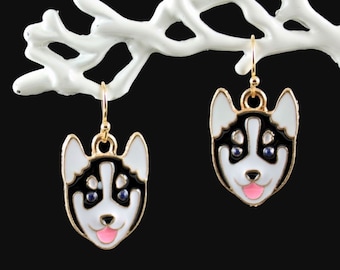 HUSKIES - Husky Dog Earrings, Enamel, Gold, Animal Jewelry, Seattle Football, Snow Dog, Alaska Sled Dog, Cute